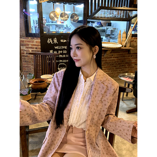 翻驳领带垫肩微胖宽松甜美碎花休闲西装 甜粉少女 女 小cherry 肉装