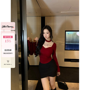 肉装小cherry 向新而行 微胖拼接网纱设计感植绒印花修身针织上衣