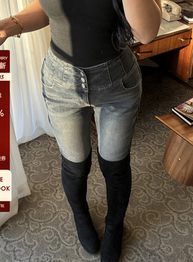 肉装小cherry 柔雾灰调 微胖高腰提臀显瘦时髦小脚弹力薄绒牛仔裤