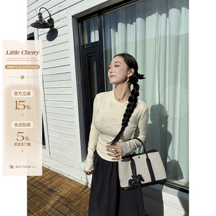 圆领烫钻修身 氧气海盐 打底T微胖双面薄绒针织上衣 小cherry 肉装