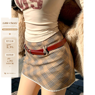 格纹拼接花边半身裙女秋冬季 菱格工韵 微胖包臀短裙 小cherry 肉装