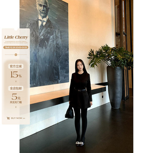 肉装小cherry 微胖毛呢外套女秋冬圆领高级感收腰呢子连衣裙