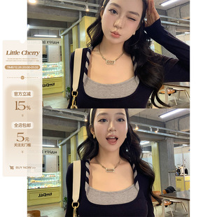 微胖纯欲方领撞色扭结打底衫 调性穿搭 女假两件上衣 小cherry 肉装