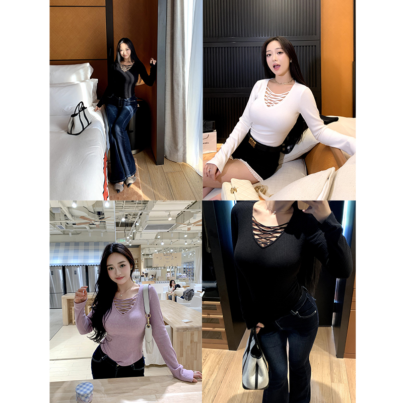 纯欲镂空V领交叉绑带针织衫上衣