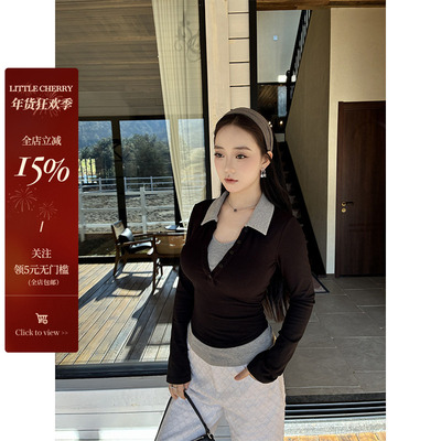 显瘦假两件拼接撞色polo领针织衫