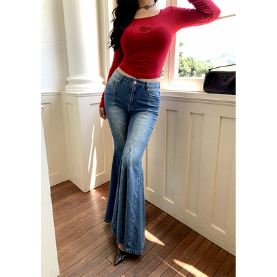 辣妹中腰喇叭裤时髦显瘦牛仔裤