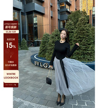 肉装小cherry 优雅诗篇 网纱拼接假两件连衣裙微胖温柔氛围感长裙