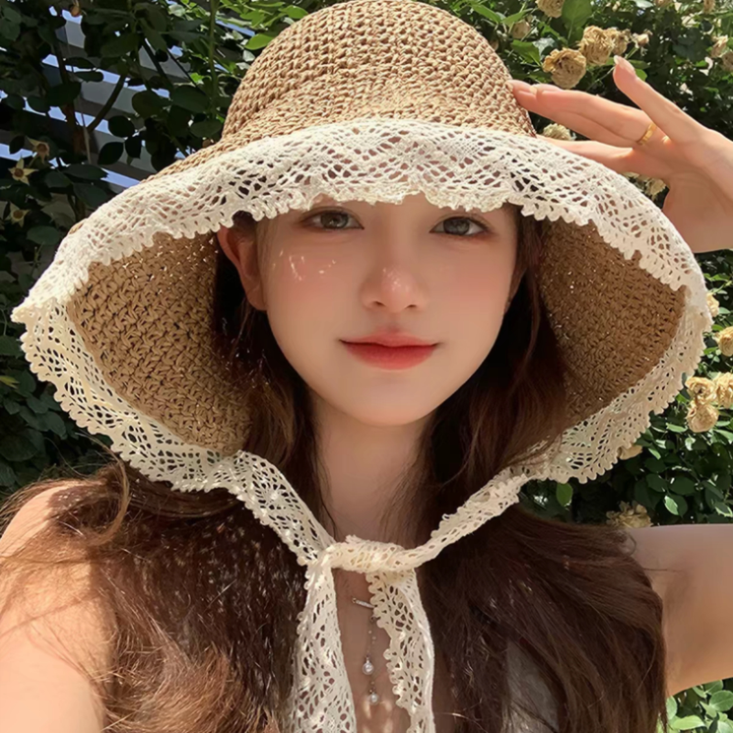 法式田园风蕾丝花边遮阳草帽女夏季大帽檐渔夫帽海边度假太阳帽子