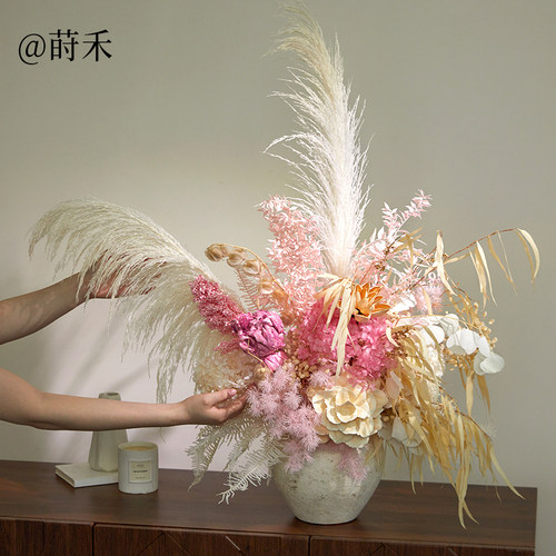 法式森系粉色羽毛永生花摆件