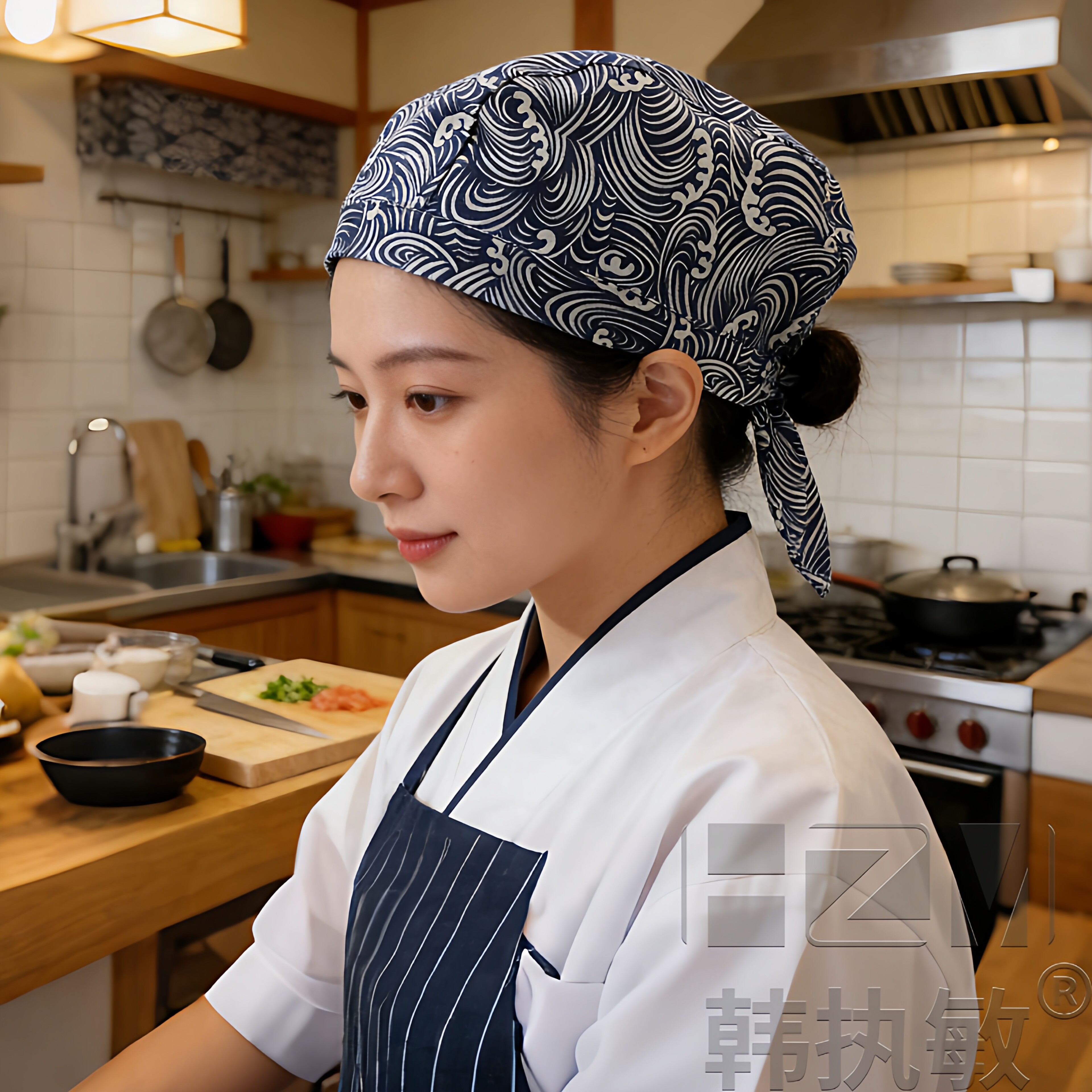 日式厨房帽子工作帽厨师帽日料寿司店男女头巾包头帽服务员防掉发