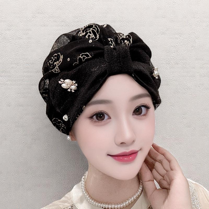 2025夏季时尚新款洋气包头帽珍珠薄款遮白发黑色头巾女士优雅套头