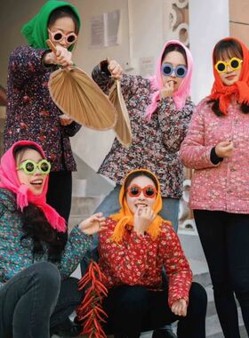 搞怪多巴胺东北头巾绿色四方巾秋冬季拍摄演出道具成人女围巾帽子