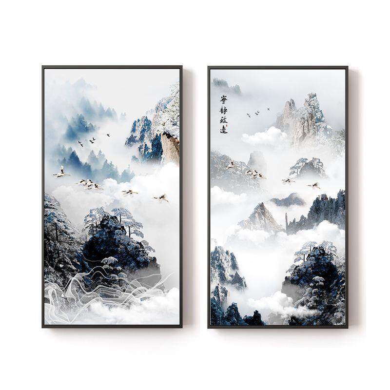 新中式中国风山水风景竖版玄关装饰挂画走廊过道背景墙画客厅壁画