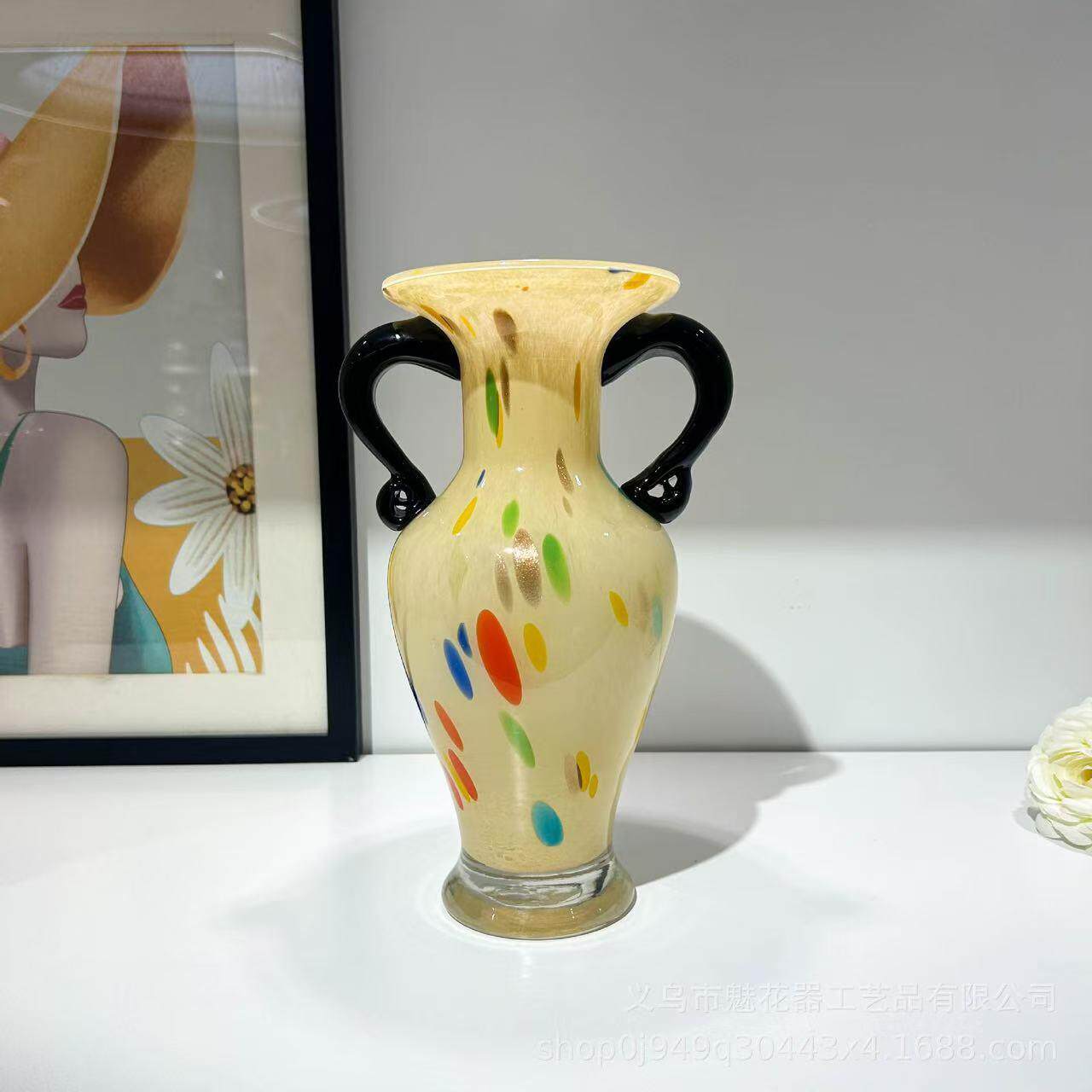 复古玻璃花瓶客厅玄关餐桌插花装饰摆件法式琉璃花器水培插花双耳