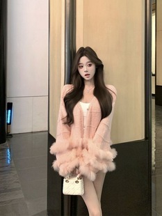 重工珠片粗针拼接毛毛开衫毛衣女2025秋冬新款纯欲风显瘦长袖上衣