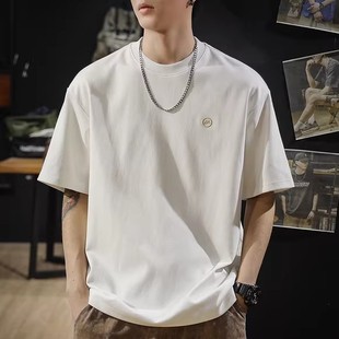 夏季重磅刺绣T恤男短袖2025新款简约休闲百搭男士白色半袖衫男款t