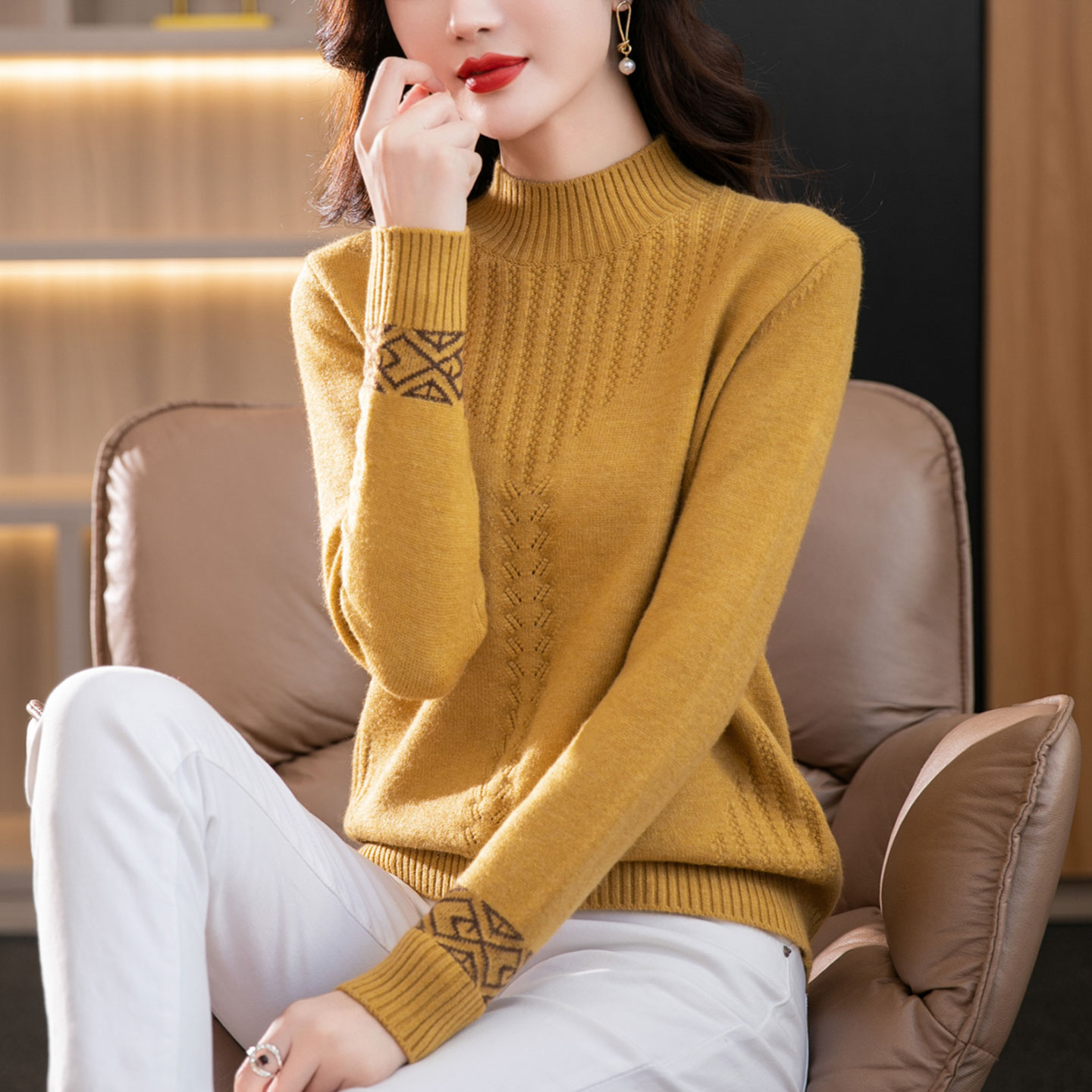 半高领羊毛衫针织女士毛衣秋冬新款撞色提花时尚宽松百搭显瘦打底