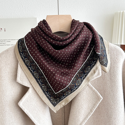 2025老钱风腰果花显白棕色小方巾丝巾领巾衬衫披肩发带系腰带围