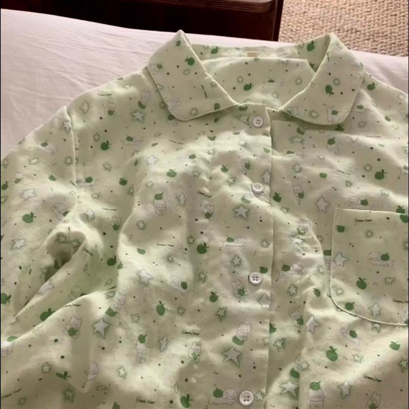 A类全棉双层纱布青苹果小狗睡衣女夏季短袖套装韩版家居服可外穿