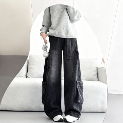 黑色工装牛仔裤女春季2026新款复古美式弯刀裤小个子宽松阔腿裤子