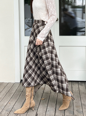 复古2026格纹秋季格子休闲半身裙新款梨形不规则显瘦高腰裙子长裙