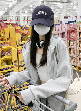 灰色连帽外套女2065新款春夏大码宽松上衣美式慵懒松弛感开衫卫衣