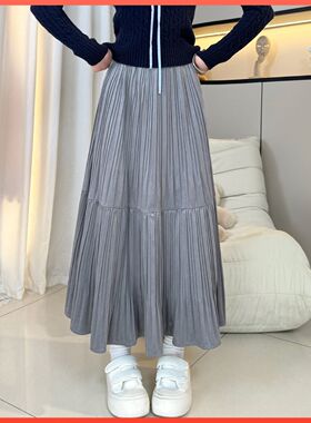 2026新款压褶金丝绒半身裙女秋冬高腰百搭显瘦高个子a字伞裙长裙