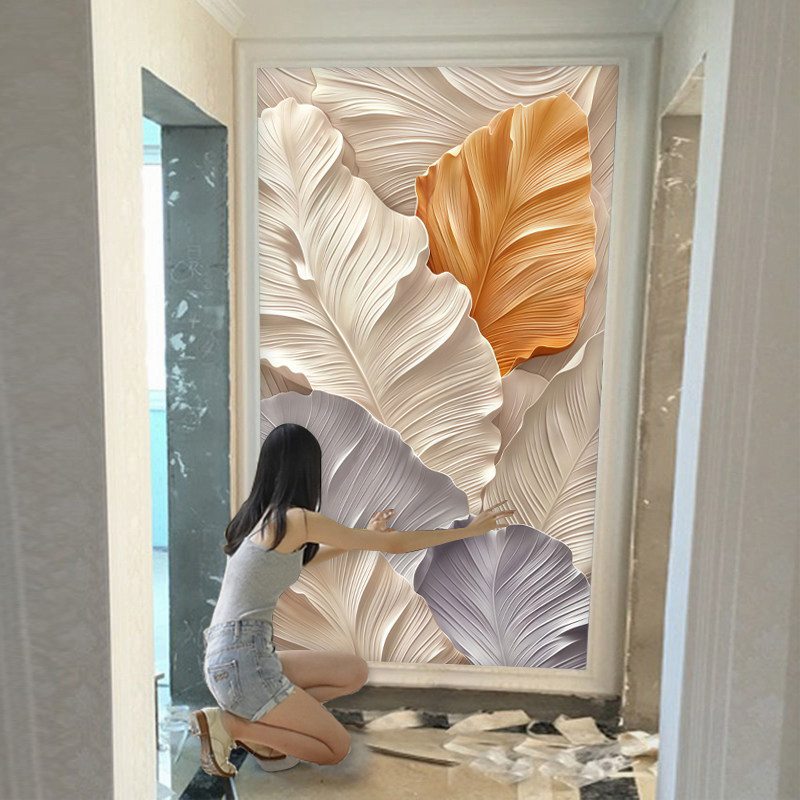 莫兰迪家大业大玄关背景墙壁纸3d抽象立体花卉进门墙装饰画简欧