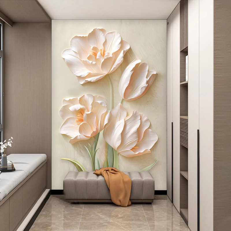 奶油风粉色花卉玄关墙布郁金香走廊过道壁纸竖版餐厅背景墙壁布3d