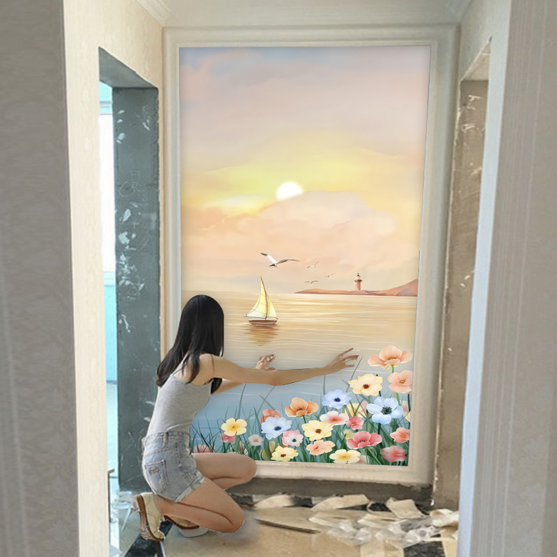 北欧一帆风顺玄关墙布温馨风景走廊入户进门墙壁纸花卉防潮壁画