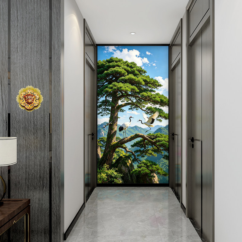 新中式迎客松玄关墙布大气走廊尽头壁纸有山无水书房茶室壁布风景
