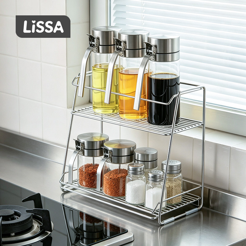 lissa真304不锈钢调料收纳架厨房置物架家用油瓶壶调料罐双层架子