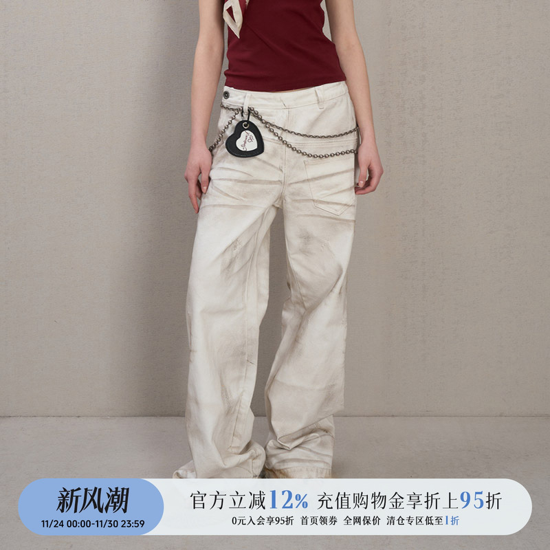 解构喷脏侧门襟白牛仔裤