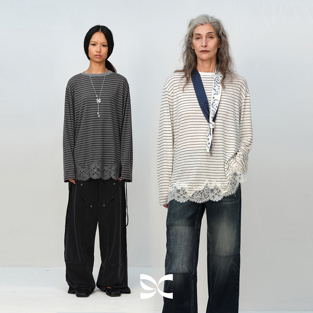 方圆经典条纹蕾丝下摆t