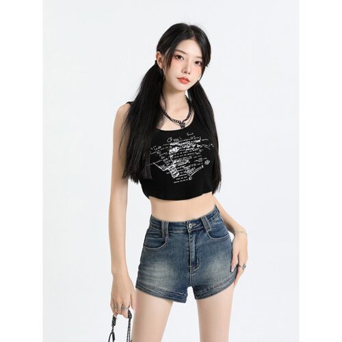 美式复古高街牛仔短裤女夏季薄款辣妹高腰修身显瘦做旧a字热裤子