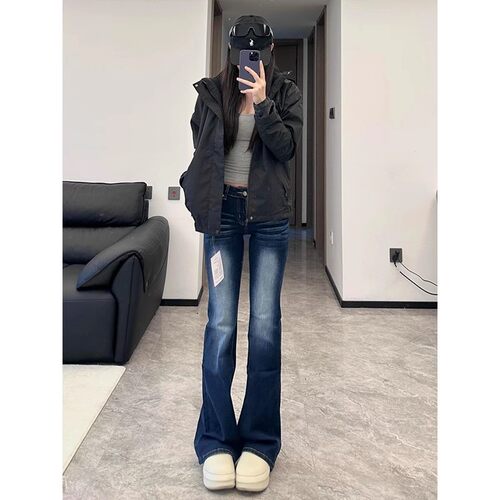 高个子美式复古辣妹低腰微喇牛仔裤夏季紧身弹力显瘦直筒喇叭裤子