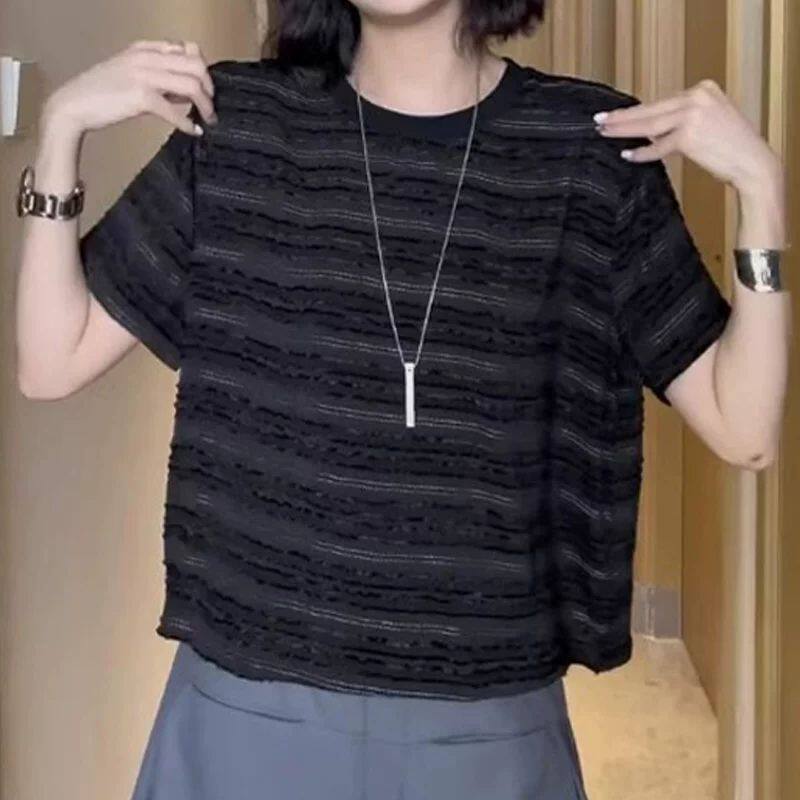 欧货黑色时尚条纹短袖t恤女夏季2026新款设计感小众休闲百搭上衣