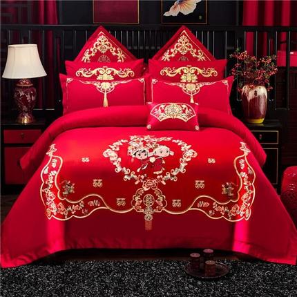 新款高端结婚床上用品四件套龙凤刺绣床单被罩百子图婚庆大红色新