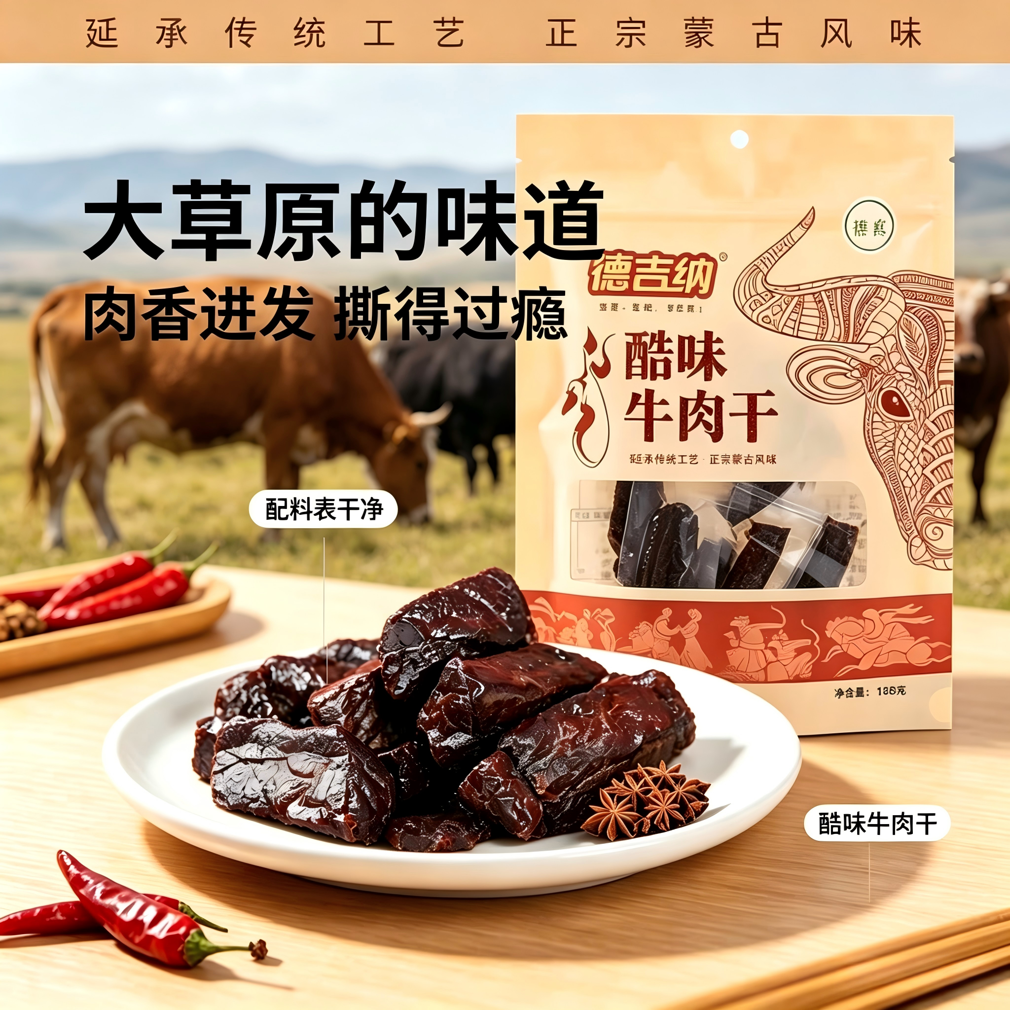 【高铁同款】德吉纳酷味内蒙古牛肉干风干真空装手撕原味香辣零食