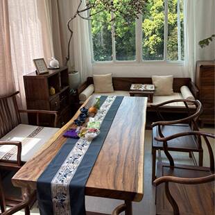 去客厅化胡桃木实木大板茶桌＋罗汉床桌椅组合办公室客厅泡茶台