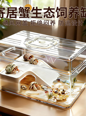 寄居蟹饲养箱桌面爬宠盒相守蟹生态养殖缸全景透气大螃蟹盒乌龟缸
