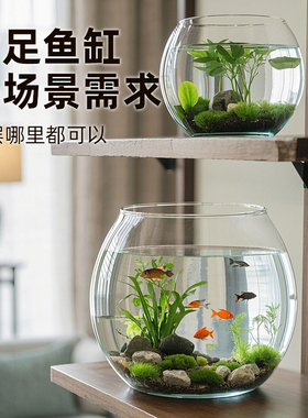 圆形鱼缸小型家用桌面金鱼缸斗鱼生态缸水草造景缸透明懒人水族箱