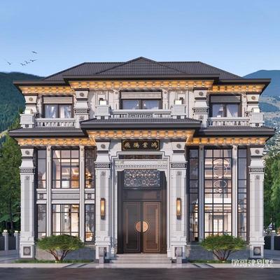 中式别墅设计图纸新款农村自建房施工三层全套效果图施工图Q011
