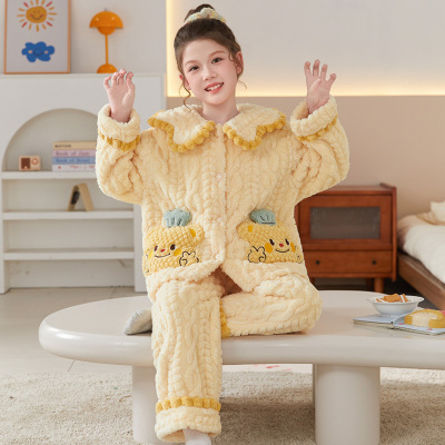 儿童睡衣女款2025新款冬加厚法兰绒秋冬季女童珊瑚绒居家服保暖