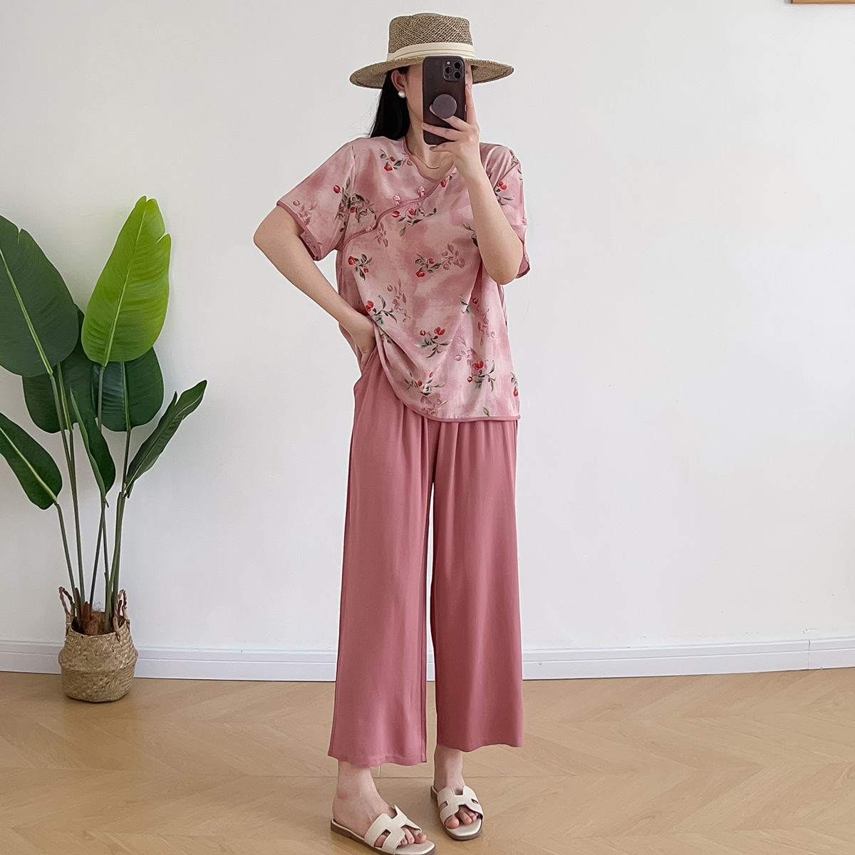 棉绸外出服新中式棉绸套装女2025年夏季薄款宽松大码国风短袖盘扣
