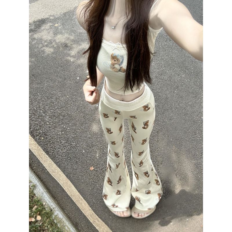 2025新款高腰小熊印花微喇裤女美式慵懒垂感修身百搭个性休闲长裤