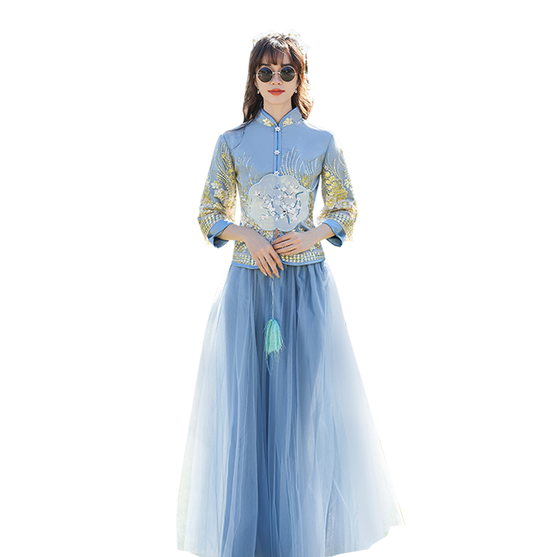伴娘服香槟色结婚中国风旗袍