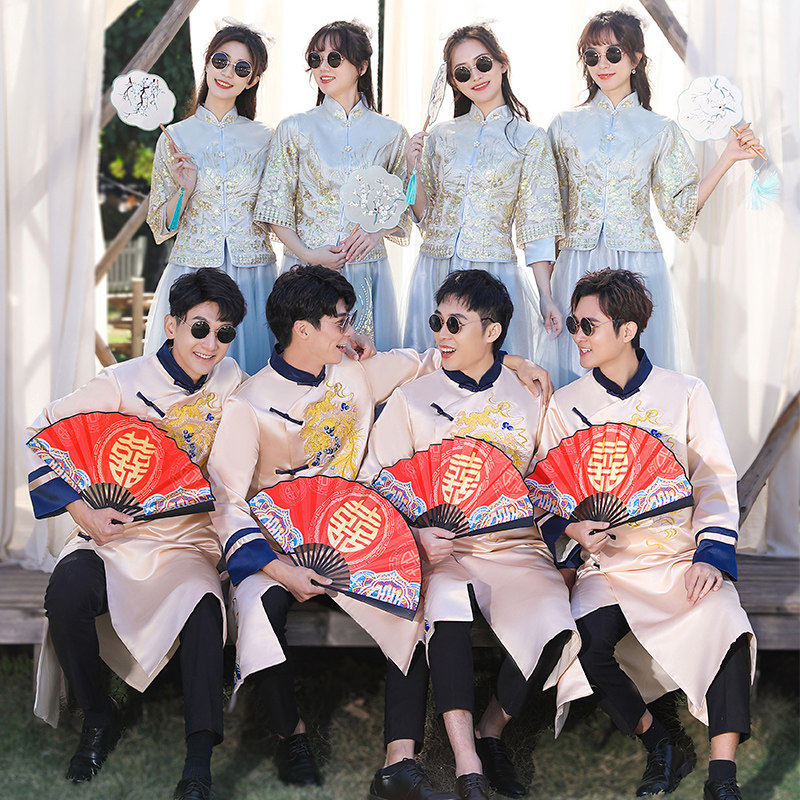 中式伴娘伴郎服2025新款小众姐妹团结婚秀禾礼服裙兄弟装搞笑衣服