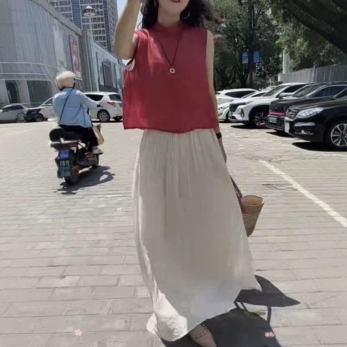 26362新大爱美依缘2026夏季新款法式简约无袖上衣a字半身裙显瘦女