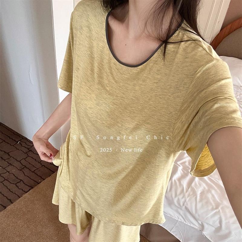 带胸垫纯棉睡衣女款2025新款夏季短袖短裤家居服套装可外穿女士